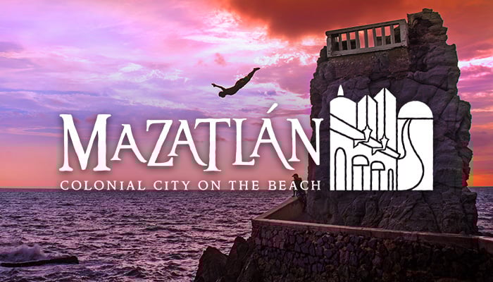 Person diving into the ocean at pink sunset, with the Mazatlan Colonial City on the Beach logo overlaid.