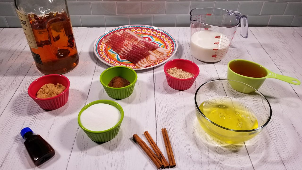Spiced rum, bacon, milk, dark brown sugar, cinnamon, almond meal/flour, sugar, cinnamon sticks and eggs, Mexican Egg Nog