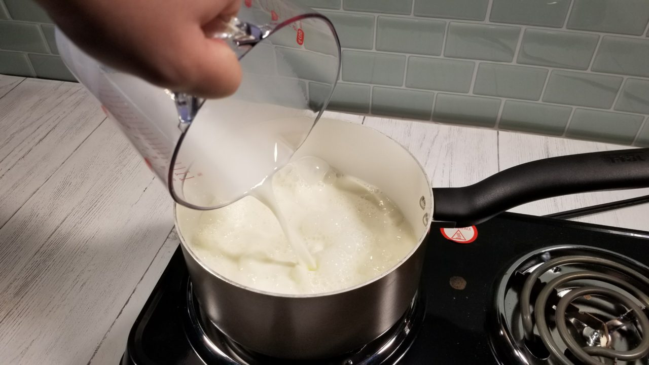 Pouring milk into saucepan, Mexican Egg Nog