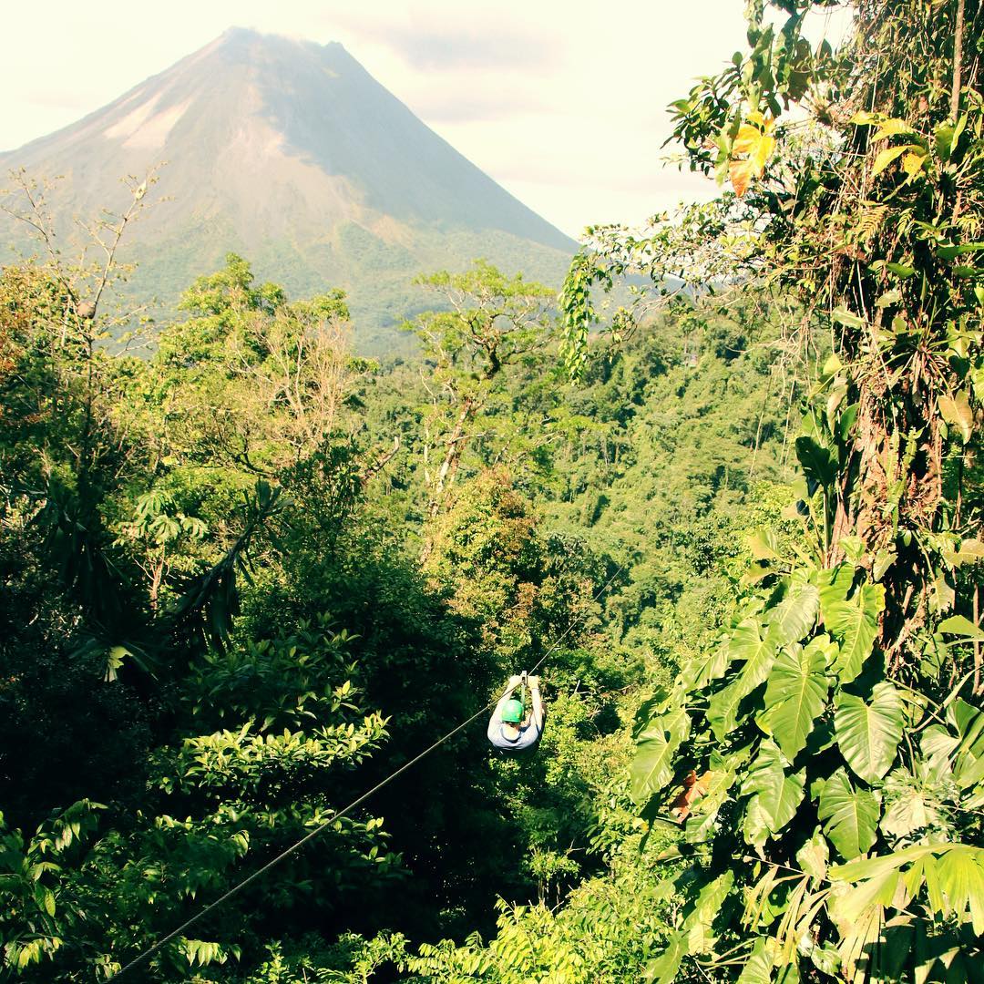 Man zip lining in rainforest next to a volcano. 
