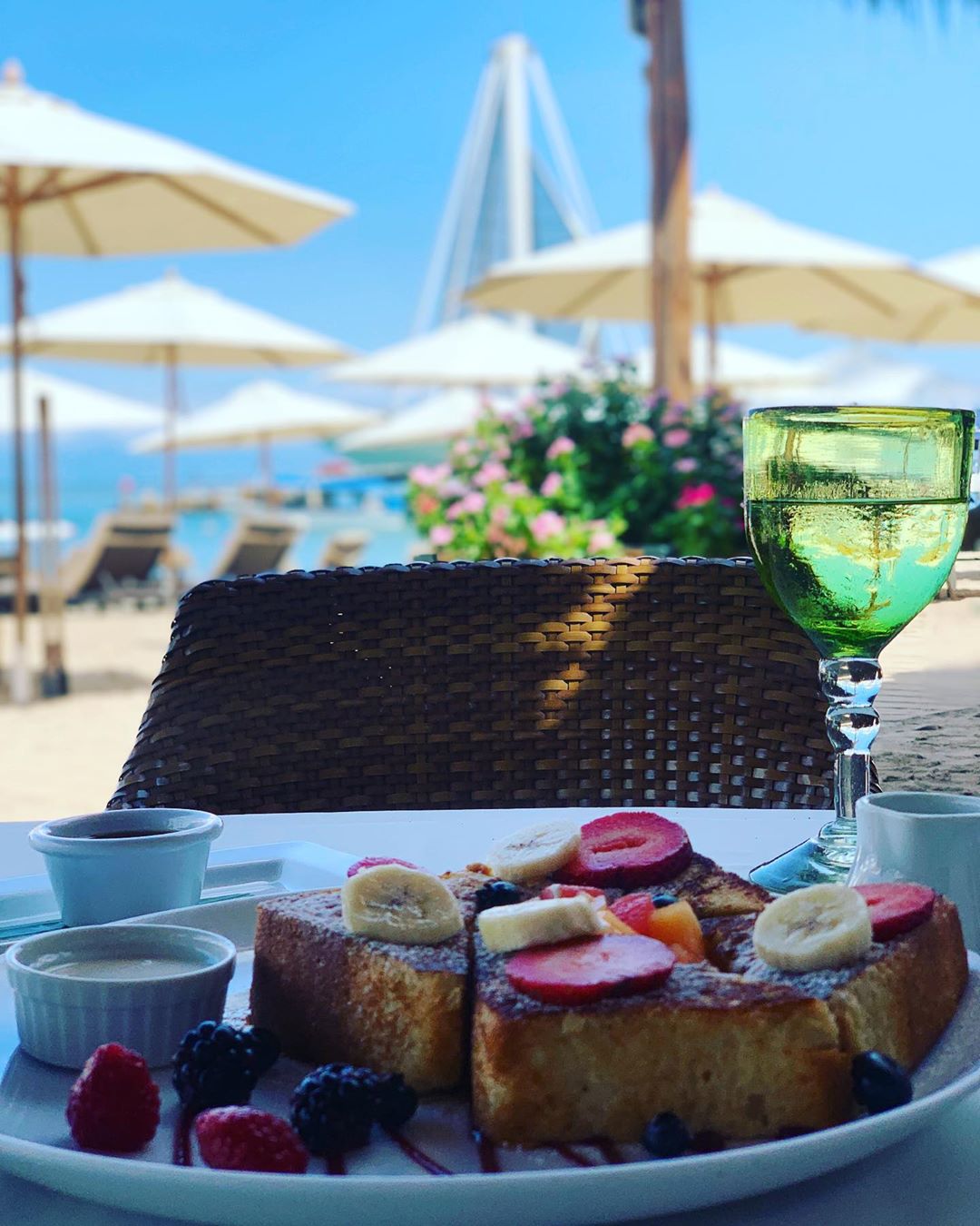 French toast on beachside table.