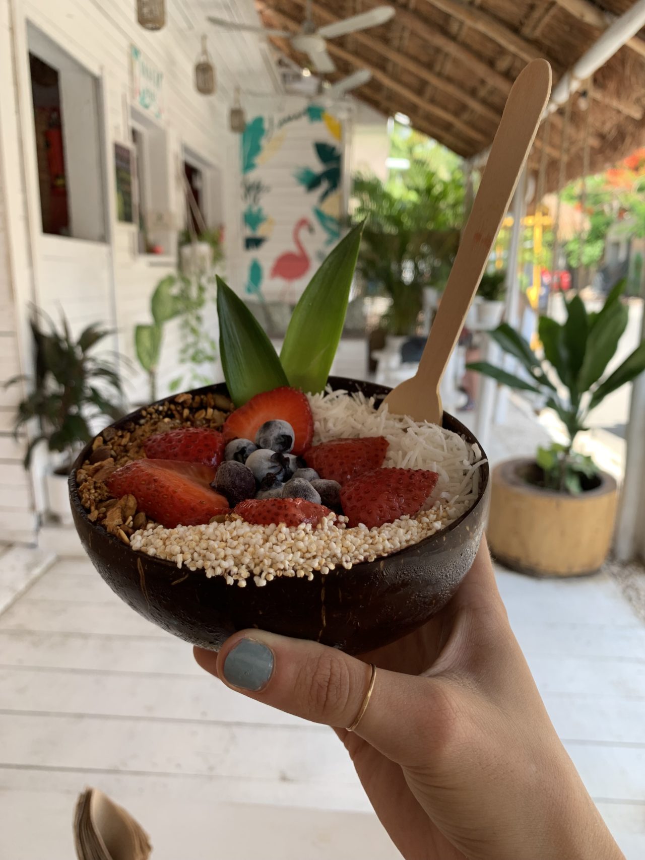 Smoothie bowl with bamboo spoon. 